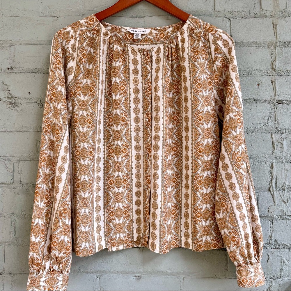 Cream and Tan Paisley Print Long Sleeve Peasant Blouse